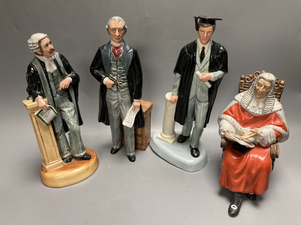 Four Royal Doulton figures: The Lawyer HN3041, The Statesman HN2855, The Graduate HN3017 and The Judge HN2443, tallest 24cm